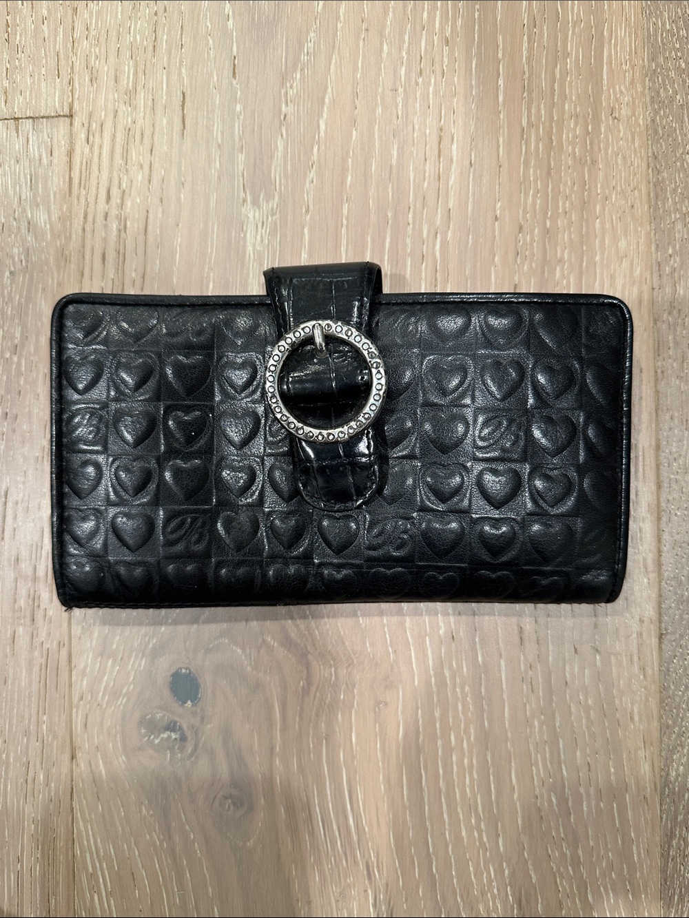 Black Heart-Embossed Leather Wallet with Decorative Buckle
